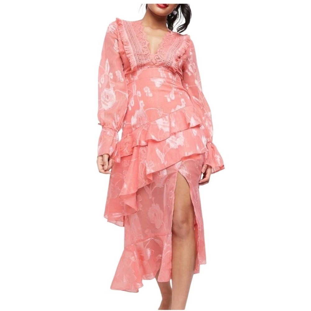 NWT‎ Floral Metallic Ruffle Midi Dress Coral Peach 6| Homecoming| GardenParty